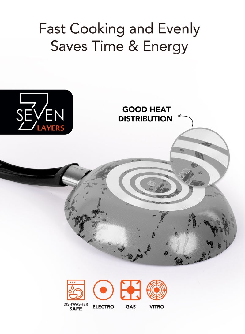 جراندي طقم قدور و مقلايه مطلية بالجرانيت بأسطح مانعة للالتصاق ومقابض باكليت  وأغطية من الستانلس ستيل المقوى وخالية من حمض بيرفلورو الأوكتانويك من 7 قطع رمادي ماريل   16+20+26+20 cm - Image 5